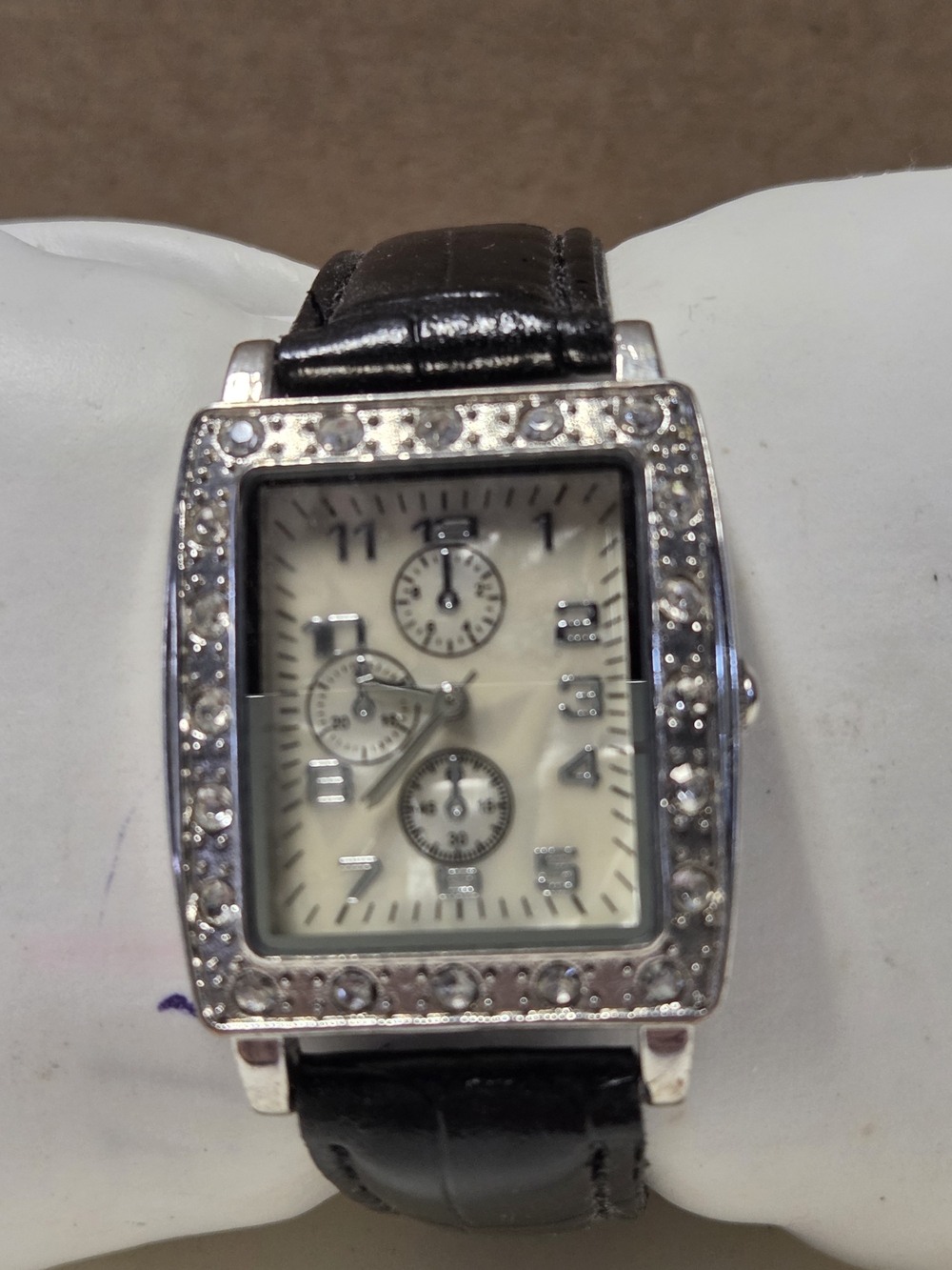 Womens Black Leather Strap Silver Crystal-Accent Square Watch